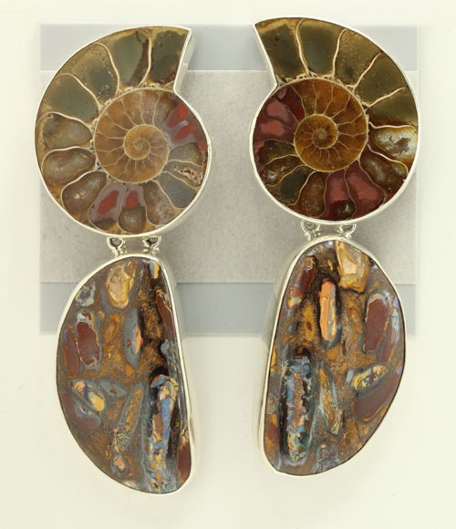 Boulder Opal & Fossilized Ammonite Clip Dangle Earrings