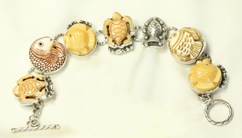 Carved Bone Fish & Turtle Bracelet