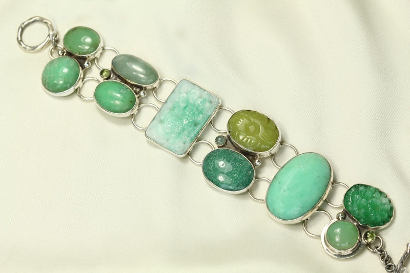 Chrysoprase, Pressed Glass, & Jade Bracelet