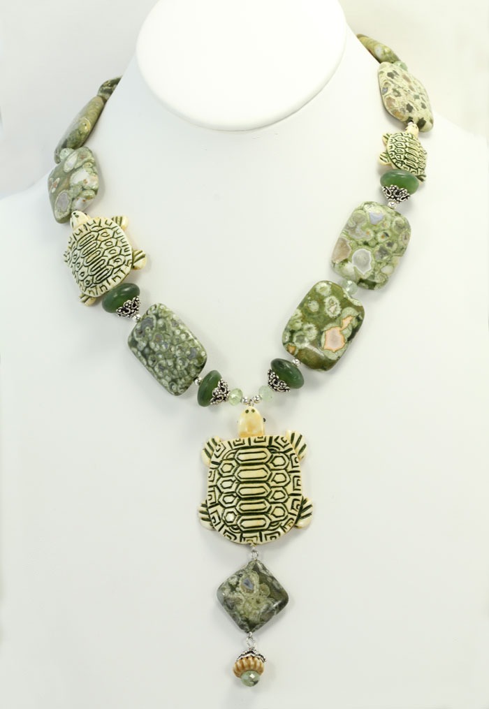 Hand Carved Turtle & Ryolite Statement Necklace
