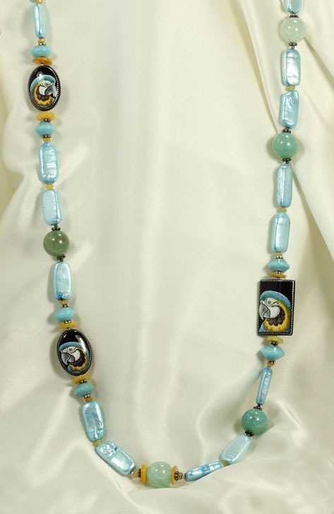 Hand Painting on Black Onyx with Fresh Water Pearls