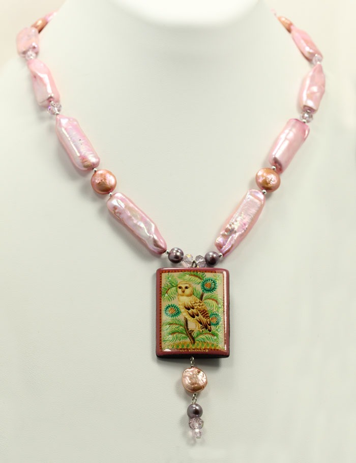 Russian Hand Painting on Black Onyx with Pink Pearls