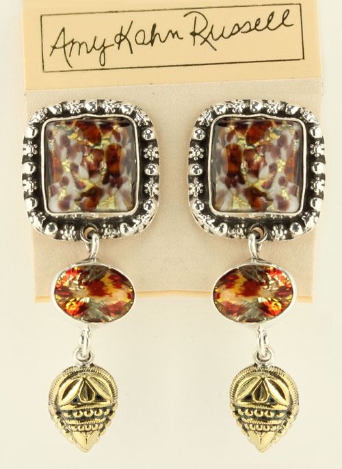 Vintage Foil Glass Post Dangle Earrings-