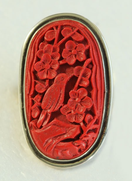 Carved Bird Cinnabar Ring