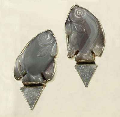 Carved Botswana Agate Fish Clip Earrings