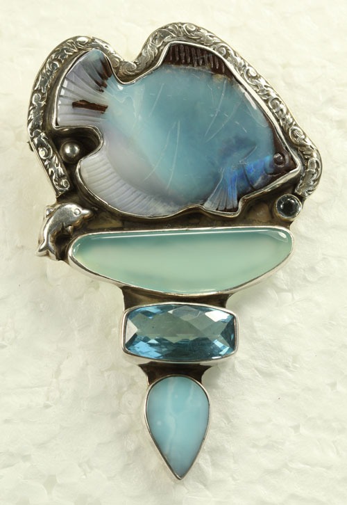Carved Boulder Opal Pin-Pendant WITH LARIMAR & GREEN ONYX