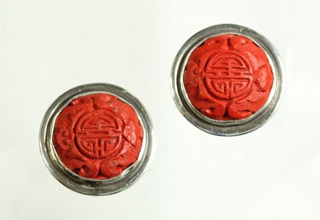 Carved Cinnabar Clip Earrings