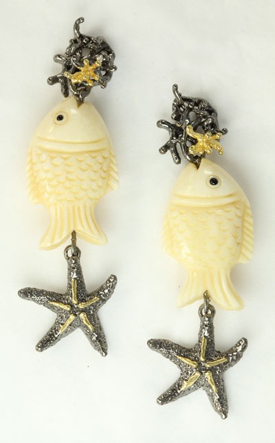 Carved Fish Post Dangles with Jewels