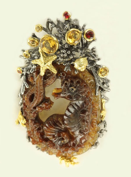 Carved Horn Seahorse Pin-Pendant with Jewels & Vermeil