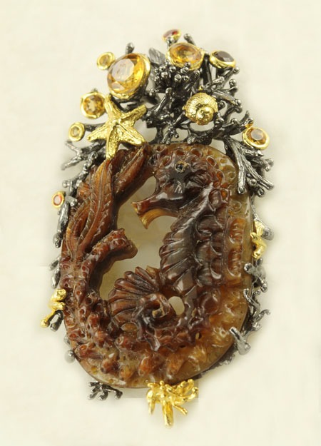 Carved Horn Seahorse Pin-Pendant with Jewels & Vermeil