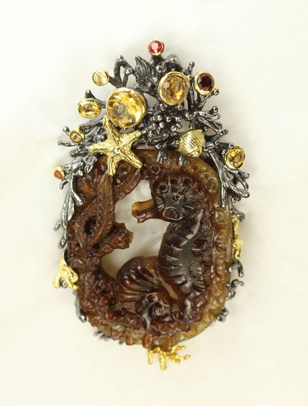Carved Horn Seahorse Pin-Pendant with Jewels & Vermeil
