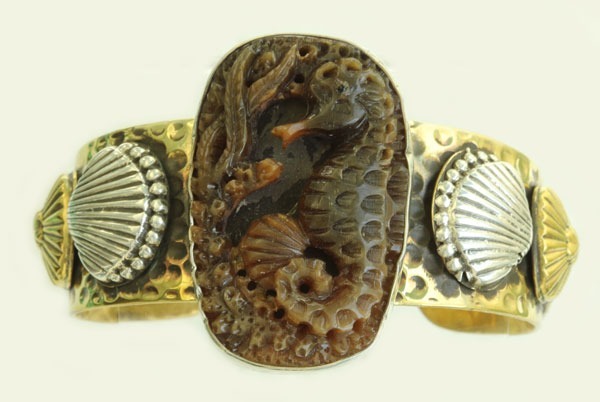 Carved Horn Seahorse Pin-Pendant with Jewels & Vermeil