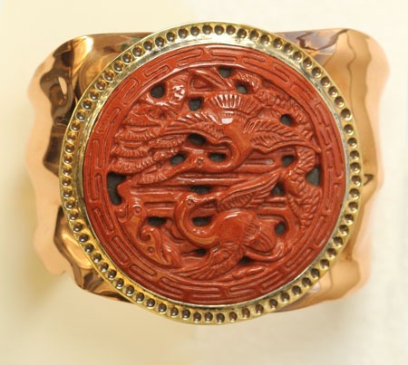 Carved Jasper Bird Ring with Vermeil