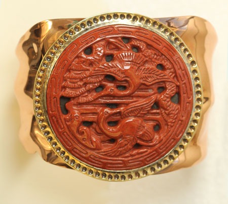 Copper Cuff with Carved Jasper Bird Medallion