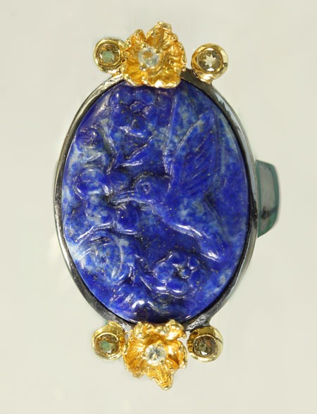 Carved Lapis Bird Ring with Vermeil & Gemstones
