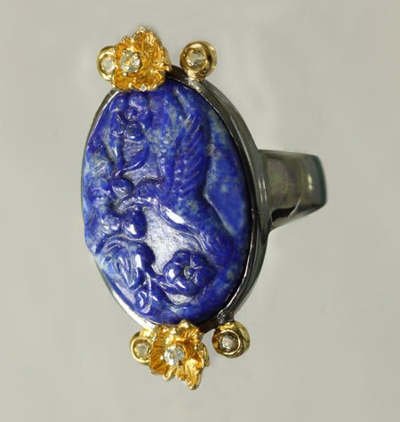 Carved Lapis Bird Ring with Vermeil & Gemstones