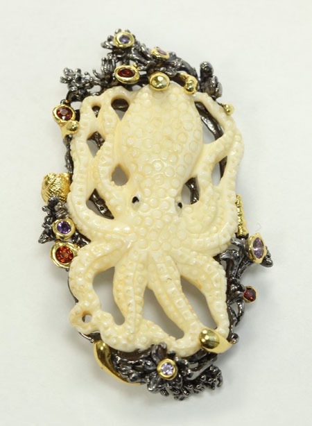 Carved Octopus Pin-Pendant with Gemstones