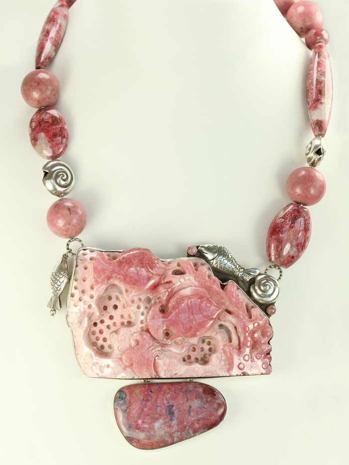 Carved Rhodonite Fish Statement Necklace