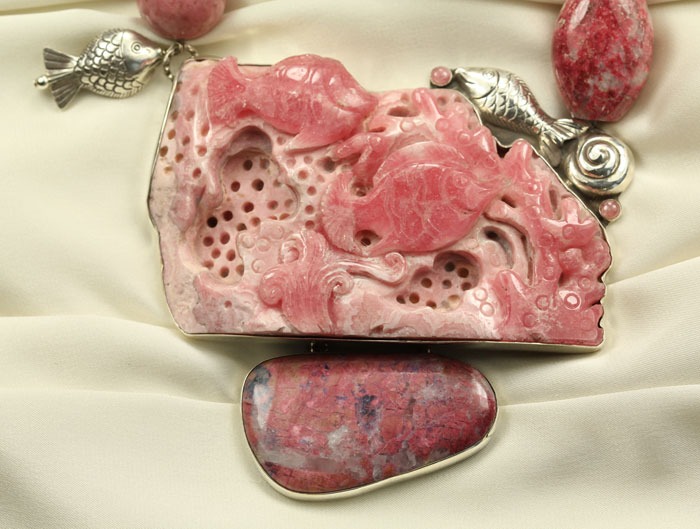 Carved Rhodonite Fish Statement Necklace
