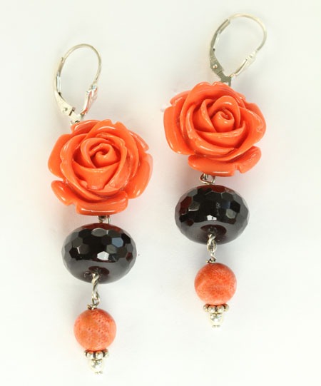 Coral & Black Onyx Lever Back Earrings