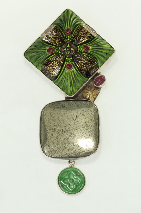 Emerald Czech Glass Button with Chalcopyrite