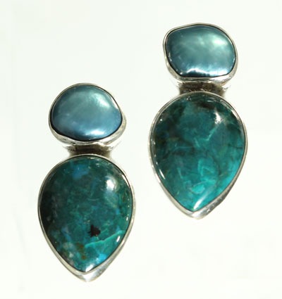 Fresh Water Pearl & Chrysocolla Clip Earrings