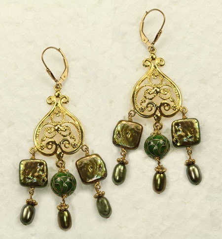 Green Pearl Chandelier Lever Back Earrings on Vermeil