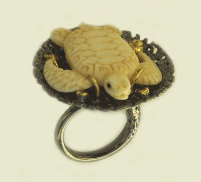 Carved Turtle Ring with Gemstones