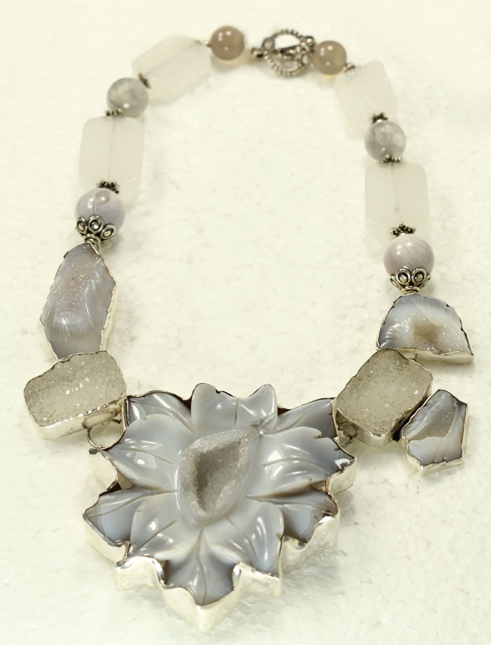  Hand Carved Drusy Flower Statement Collar
