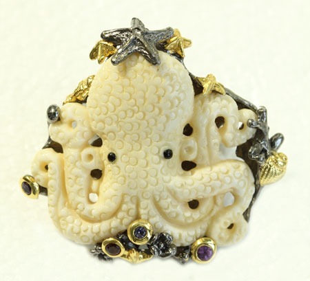  Hand Carved Octopus Ring with Gemstones--MATCHING EARRINGS AVAILABLE