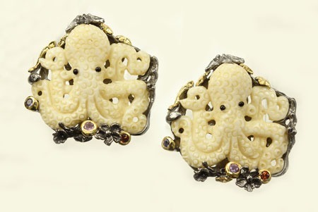  Hand Carved Octopus Ring with Gemstones--MATCHING EARRINGS AVAILABLE