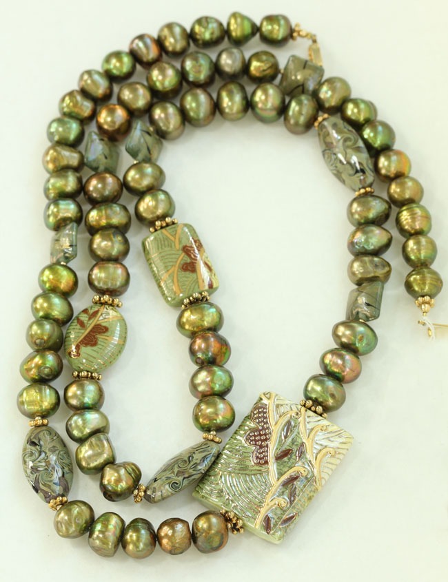 Long Green Porcelain & Fresh Water Pearl Necklace