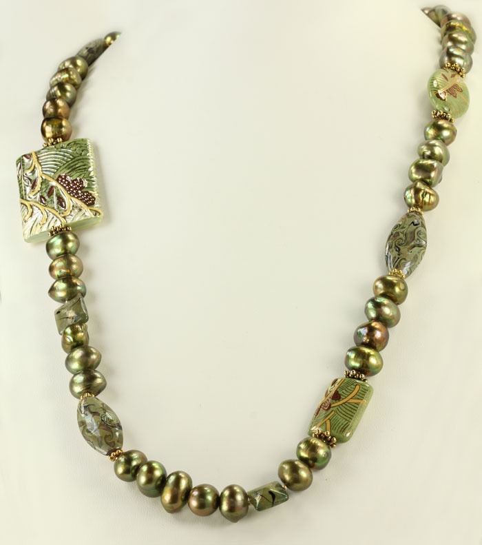 Long Green Porcelain & Fresh Water Pearl Necklace