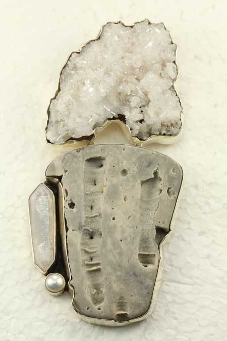 Fossilized Ohio Coral & Aura Crystal Pin-Pendant