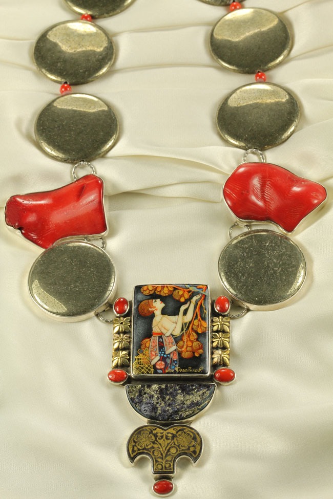 Russian Hand Painting on Chalcopyrite Statement Collar