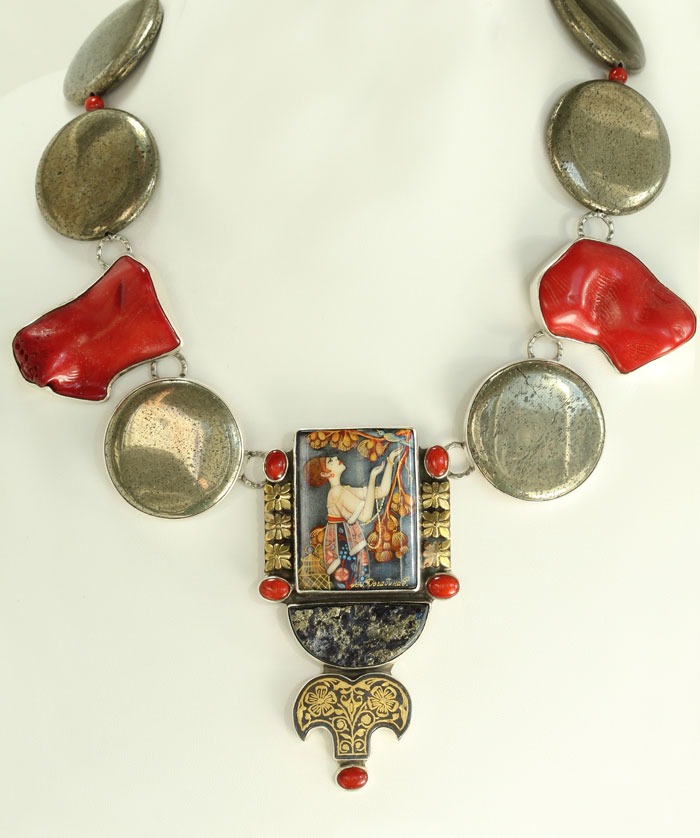 Russian Hand Painting on Chalcopyrite Statement Collar