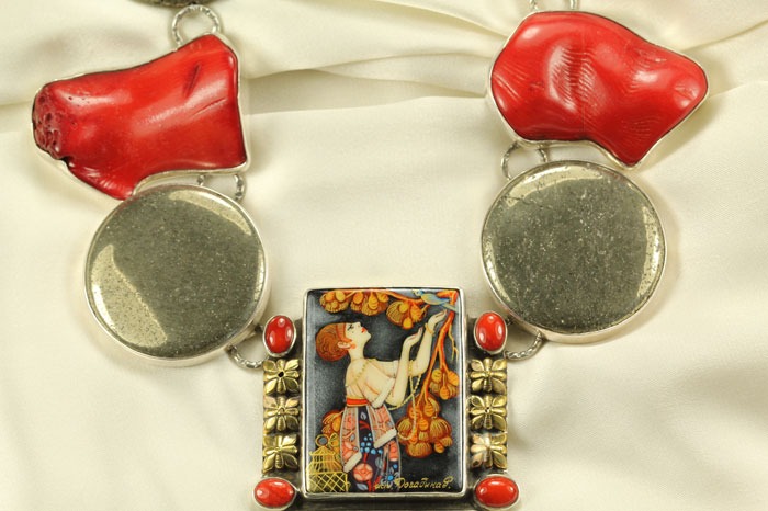 Russian Hand Painting on Chalcopyrite Statement Collar