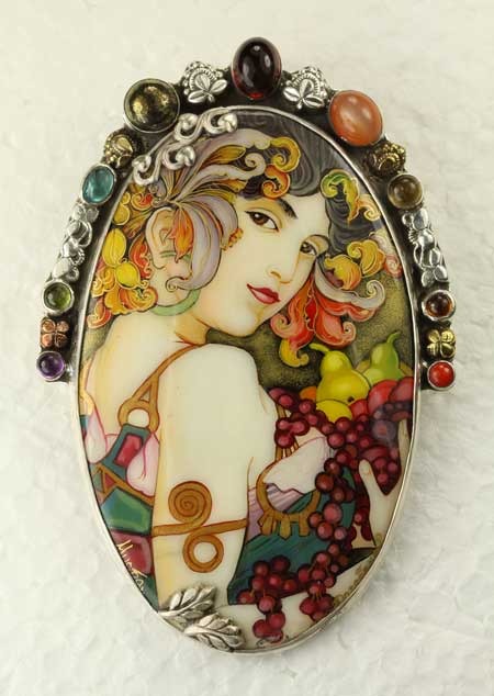 Pin-Pendant Inspired by "Woman with Fruits" by Alphonse Mucha