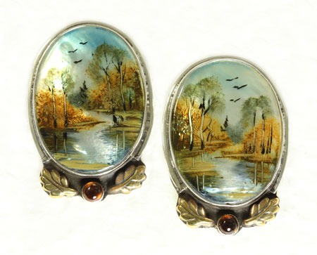 Russian Hand Painting Landscape Post Earrings
