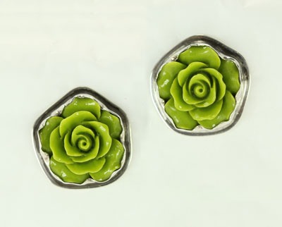 1" Diameter Carved Green Coral Post Earrings