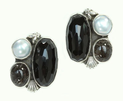 Black Onyx, Platinum Pearl, Rutilated Quartz Clip Earrings