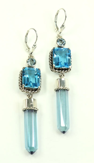 Blue Topaz & Aura Crystal Lever Back Dangle Earrings