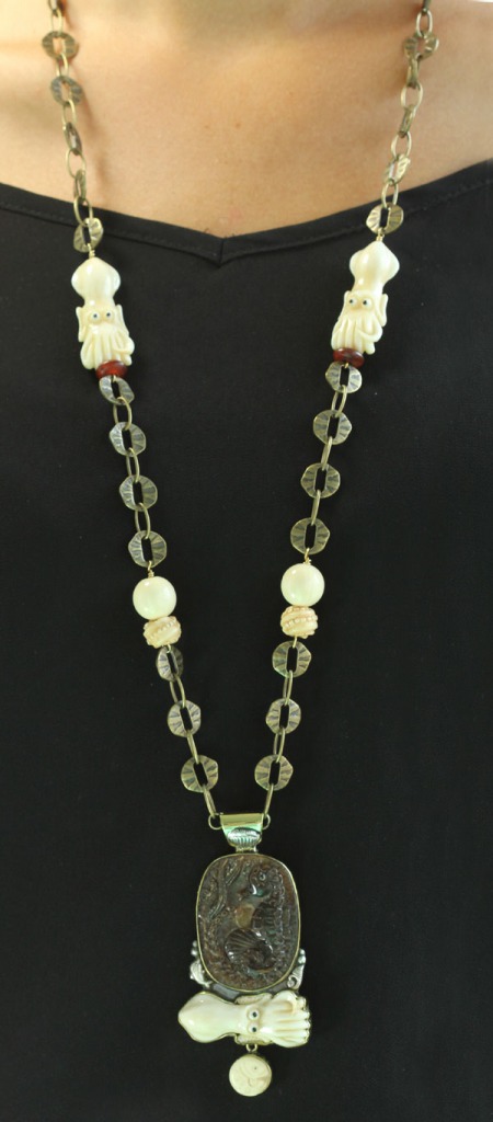 Carved Bone & Horn Long Pendant Necklace