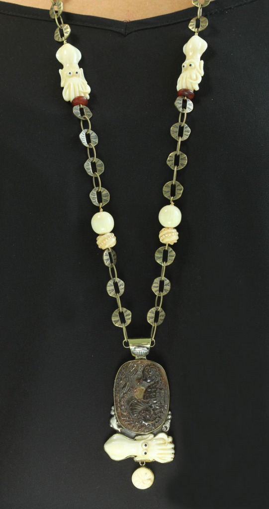 Carved Bone & Horn Long Pendant Necklace
