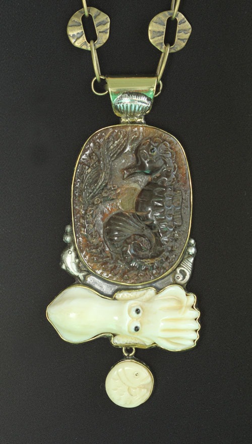 Carved Bone & Horn Long Pendant Necklace