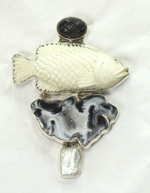 Carved Fossilized Fallen Antler with Natural Geode Pin-Pendant