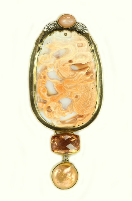 Carved Shell & Moonstone Pin-Pendant