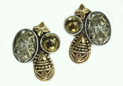 Chalcopyrite & Vintage Glass Clip Earrings