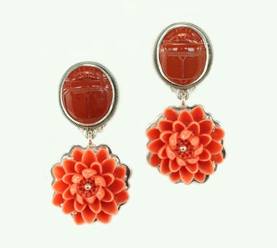 Hand Carved Jasper & Coral Flower Clip Earrings