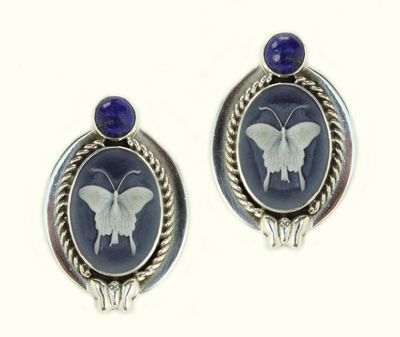 Laser Etched Blue Quartz Clip Earrings